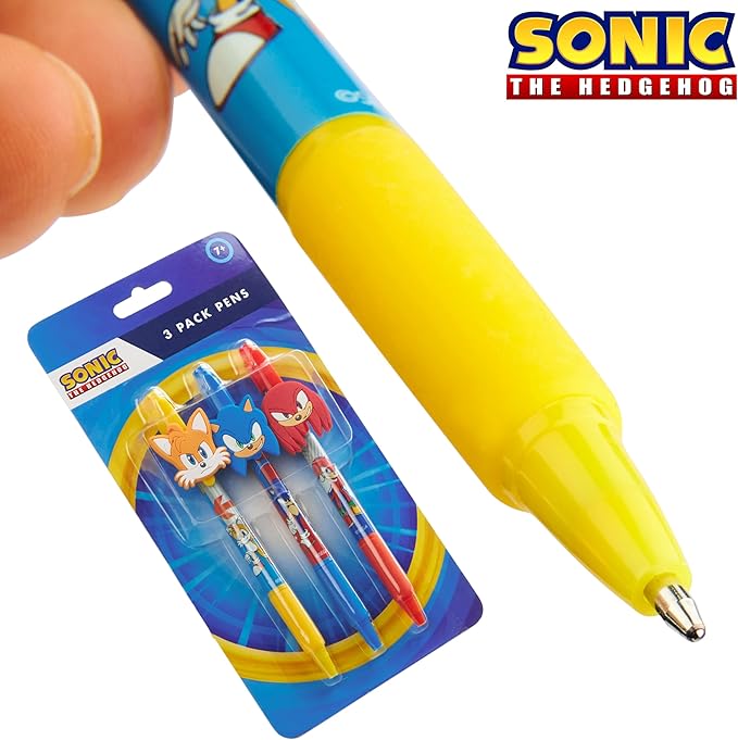 Sonic The Hedgehog Pens for Kids Pack of 3 Ballpoint Pens Blue Ink for Boys with Character Toppers Cute School Supplies Gamer Gifts for Kids
