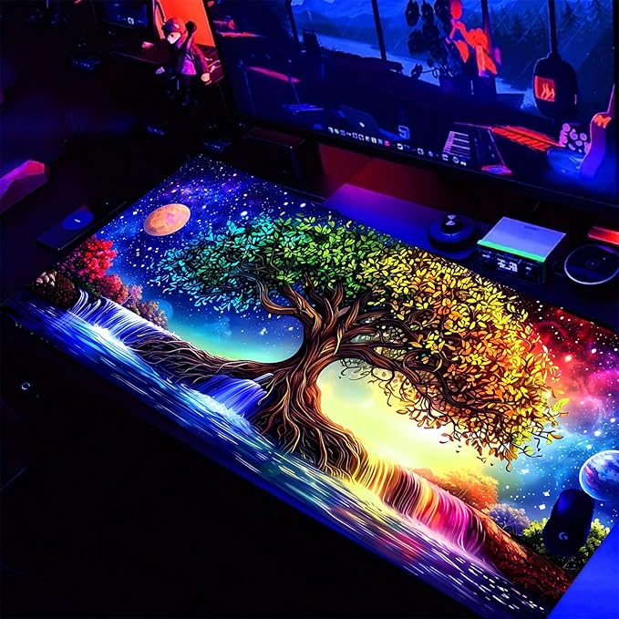 Manicer Fantasy Tree of Life Mouse Pad – Blacklight UV Reactive Glowing Desk Mat, Colorful Nature Galaxy Scene, 31.5" x 11.8" Waterproof Extended Mousepad with Non-Slip Rubber Base for Office & Gaming