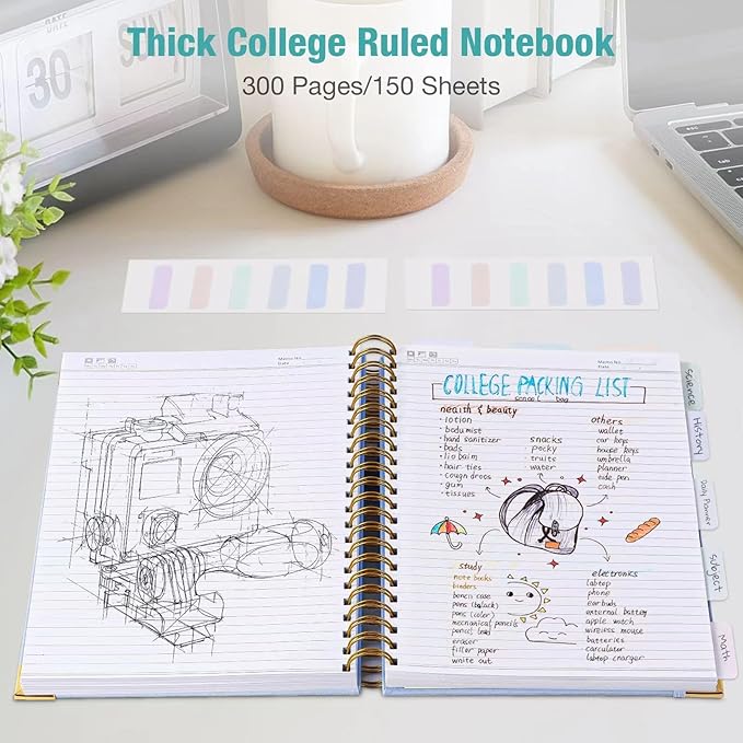 Spiral Notebook, College Ruled Notebook, A5, 300 Page Leather Journals for Writing, 5.7" x 8.5", Hardcover Journaling Notebooks for Work School, 24pcs Tabs, Large Embossed Journal for Women Men, Blue2