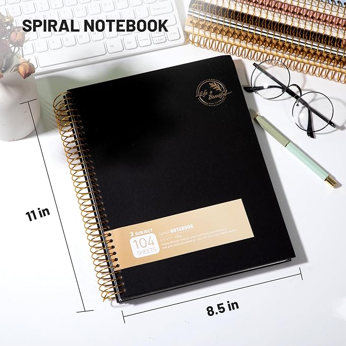 8.5 x 11 Large Spiral Notebook 3 Subject Spiral Notebook Hardcover Spiral Notebook for note taking 120 Sheets College Ruled Journal for School Office Supplies Writing Journal,Black