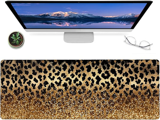 Leopard Print Glitter Gaming Mouse Pad – 12x31.5in Large Non-Slip Rubber Desk Mat with Cheetah Gold Gradient – Extended Mousepad for Office Home – Stylish Deskmat Gifts for Animal Lovers Decor