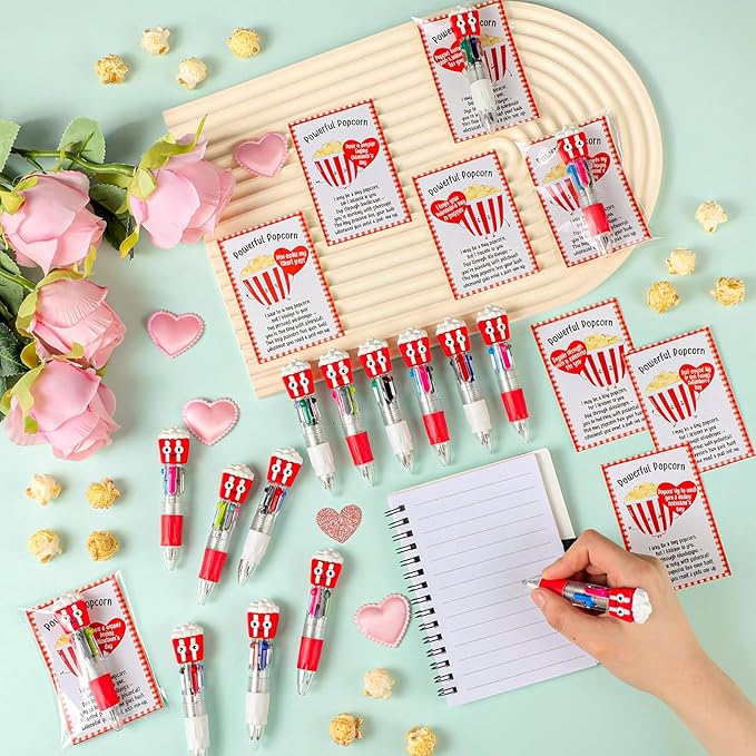 Colarr 24 Set Popcorn Valentines Gifts Multicolor Pens with Support Cards for Valentines Day Party Favors Classroom Prizes Students Goodie Bags Stuffers 4 in 1 Ballpoint Pens