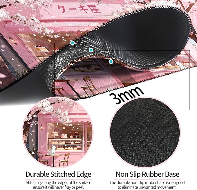 Japanese Anime Pink Cherry Blossom Cake Shop XL Large Desk Mat, Extended Long Cat Desk Pad for Gaming and Office, Non-Slip Rubber Base, Comfortable Surface Mouse Pad, 31.5x11.8 in (H15)