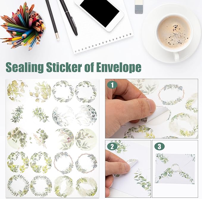 160 Pcs Eucalyptus Stationery Paper Set, 50 Stationary Paper 50 Envelopes 60 Round Dot Sticker