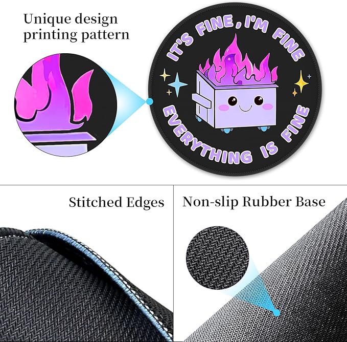 Funny Mouse Pad for Desk, Cute Office Decor for Women, Dumpster on Fire Small Mousepad with Non-Slip Rubber Base, This is Fine Round Computer Mouse Pads for Laptop Desk Accessories Supplies
