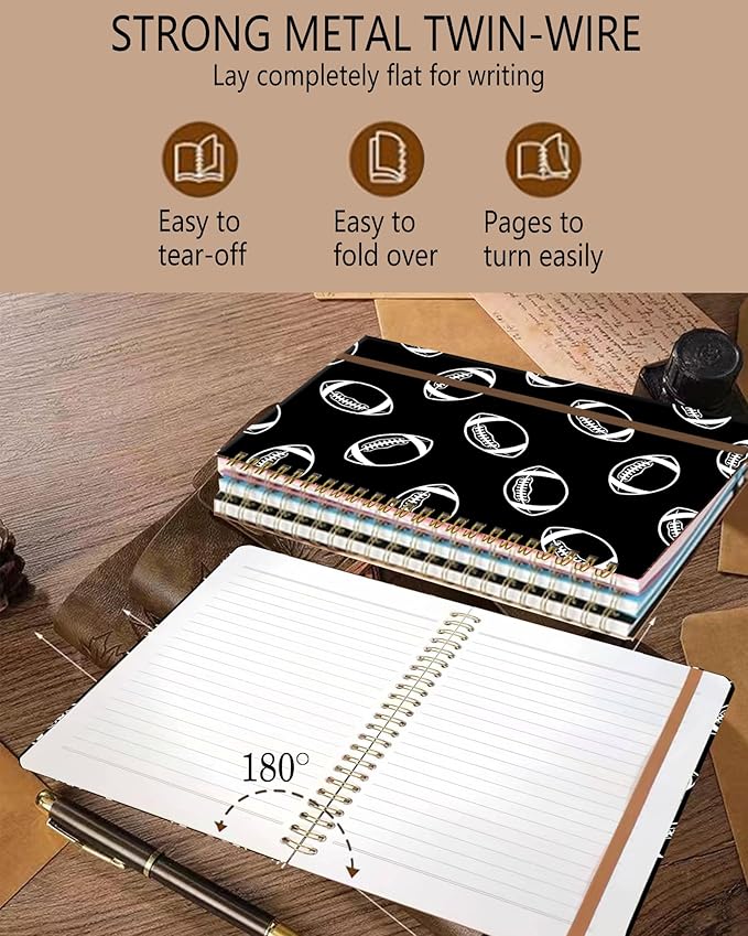 Spiral Journal Notebook, A5 Cute Notebooks for Women Men, College Ruled Hardcover Notebook for Work & Note Taking, 60 Pages Double-Wire Journals for Writing, White Black Football