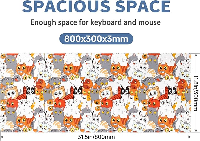 Cute Anime Cat Mouse Pad Large Desk Mat Extended Kawaii Keyboard Mouse Pad Mousepad with Non-Slip Base and Stitched Edge Funny Mouse Mat Desk Pad 31.5 X 11.8 in Mouse Pads for Desk Gaming Home Office