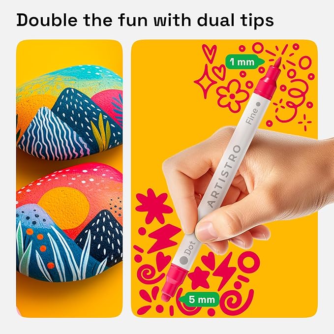 ARTISTRO 60 Acrylic Paint Markers for Rock, Fabric, Wood, Glass, Decoration - Dual-Tip Paint Pens for Coloring Books for Adults, Teens, Kids - Art and Craft Supplies Kit - Gift Idea