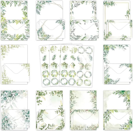 160 Pcs Eucalyptus Stationery Paper Set, 50 Stationary Paper 50 Envelopes 60 Round Dot Sticker