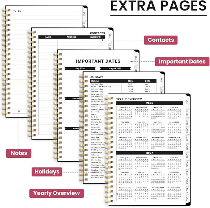 2026 Planner, Weekly and Monthly Planner for Women, Jan 2026 - Dec 2026 Pretty 2026 Calendar Planner with Monthly Tabs, Inner Pocket, Spiral Binding, Perfect for Office Home School - 8.5" x 11", Crimson Floral