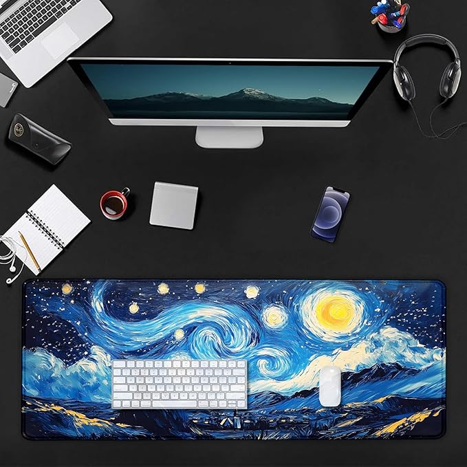 Black Cat Art Night Starry Sky Large Mouse Pad, Desk Mat Computer Keyboard Pad Non-Slip Rubber Base Waterproof with Stitched Edges for Laptop Gaming, Office & Home 31.5 x 11.8 Inch (XL-23)