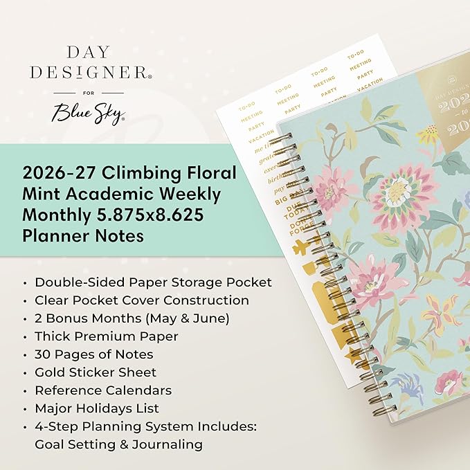 Blue Sky Day Designer 2026-2027 Weekly and Monthly Academic Year Planner Calendar, July 2026 - June 2027, 5.875" x 8.625", Flexible Cover, Laminated Tabs, Storage Pocket, Includes Stickers and 30 Extra Sheets of Notes, Climbing Floral Mint