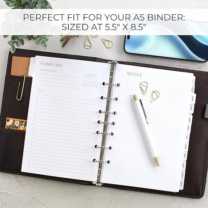Beautiful 2026-2027 Monthly Planner Refill for 7 Ring Binders – Durable A5 Paper Insert Set 5.5" x 8.3" - Refills Incl. Tabs & Monthly, Yearly Calendar Spreads - From December 2025 - December 2027