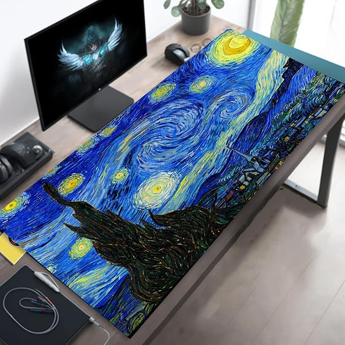 Manicer Blacklight Starry Night Mouse Pad, Van Gogh Painting Gaming Extended Large Desk Pad, UV Reactive Long Big Mouse Mat with 3mm Non-Slip Rubber Base for Office Home - 31.5" x 11.8"