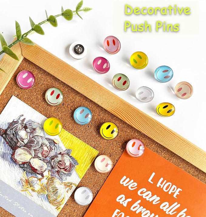 24Pcs Smiley Face Decorative Push Pins,Cute Thumb Tacks,Boarders for Bulletin Board,Cork Board Thumbtacks for Classroom Decor,Home Decor and Office Decor(Smiley Face)