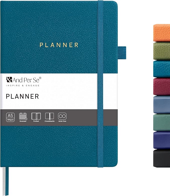 And Per Se Undated Planner – A5 Leather Hardcover Weekly & Monthly Goal Planner for 72 Weeks (1.5 Years) – with Goal & Habit Tracker (Dark Turquoise)