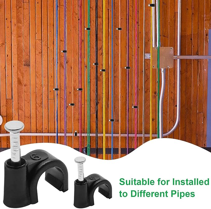 400pcs Cable Clips, 4mm 6mm 8mm 10mm Half Clamp J-Hook with Nail, Nail in Cable Clips Ethernet Cable Nails Tacks Clips, Black