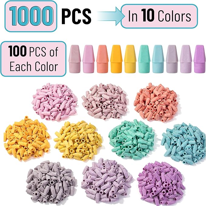 Mr. Pen- Pencil Erasers Toppers Bulk, 1000 Pack, Colorful, Latex Free, No Smudge, Mr Pen Erasers for Pencils