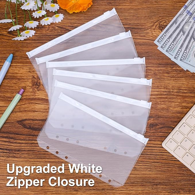 Antner 30pcs A6 Binder Pockets 6-Hole Budget Binder Inserts Cash Stuffing Envelopes for Budgeting, White Zipper Pouch Folders Loose Leaf Filling Bags Money Organizer for A6 6-Ring Planners and Binders