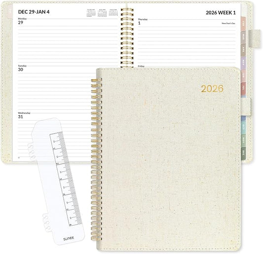 SUNEE 2026 Planner, Weekly and Monthly Calendar Planner 9"x11.2"- 12 Month (January 2026 - December 2026), Linen Cover, Pocket, Bookmark, Notes, Monthly Tab, Beige