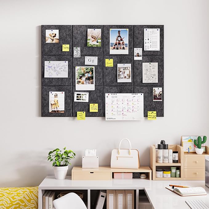 Felt Cork Board for Wall: Extra Large Bulletin Board for Office - 12 PCS Thick Corkboard Tiles Grey Pin Board Squares Adhesive
