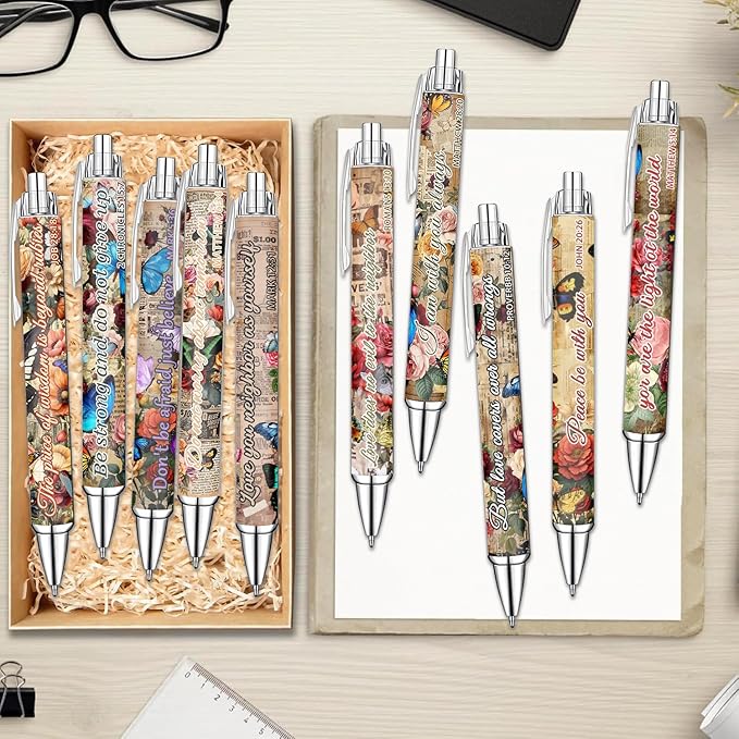 Idealmuzik Employee Appreciation Ballpoint Pens, 10 Pack – Vintage Butterfly Pens with Uplifting Bible Quotes – Smooth Writing Pens for Office, Team Gifts, Staff Recognition, and Daily Use