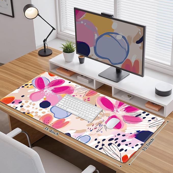 Desk Pad Mouse Pad, Large Gaming Mouse Mat with Stitched Edges, Non-Slip Waterproof Rubber Base Mous Mat for Office Computer Keyboard Laptop Home Decor Women (35.4X17.5 in), Apricot Magenta Flower