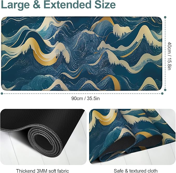 Ocean Waves Extended Gaming Mouse Pad 35.4 x 15.7 Inch – Large Desk Mat for Gaming, Office, and Home Use, with Non-Slip Rubber Base and Smooth Cloth Surface