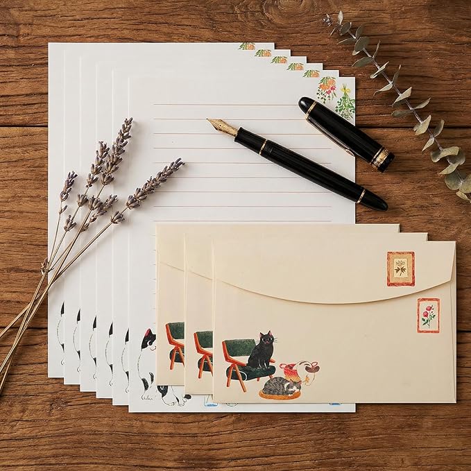 Cute Cat Stationery Set 12 PCS Vintage Letter Paper Writing Kit Personalized Stationary Paper and 6PCS Envelopes Set for Women,Pen Pal Supplies Business Papers Handwriting Holiday Greetings