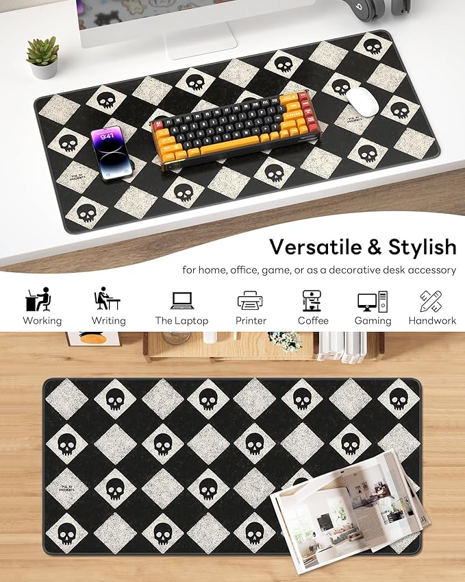XL Gaming Mouse Pad, 31.5x17.5'' Large Desk Mat with Anti-Slip Rubber Base & Stitched Edges for Gaming, Office, Home - Cute Skulls
