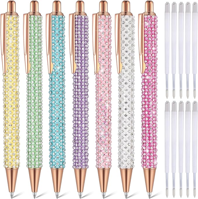 Sherr 7 Pcs Fancy Pens for Women Cute Sparkly Glitter Pens with 10 Pcs Black Ink Refills Pretty Gifts for Girls Office School Christmas Graduation(Pearl)
