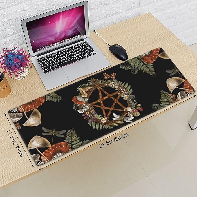 Pentagram Forest Magic Mushroom Witch Black XXL XL Large Gaming Mouse Pad for Desk, Non-Slip Long Extended Keyboard Pads Mousepad Rubber Table Mat 31.5 X 11.8 Inch