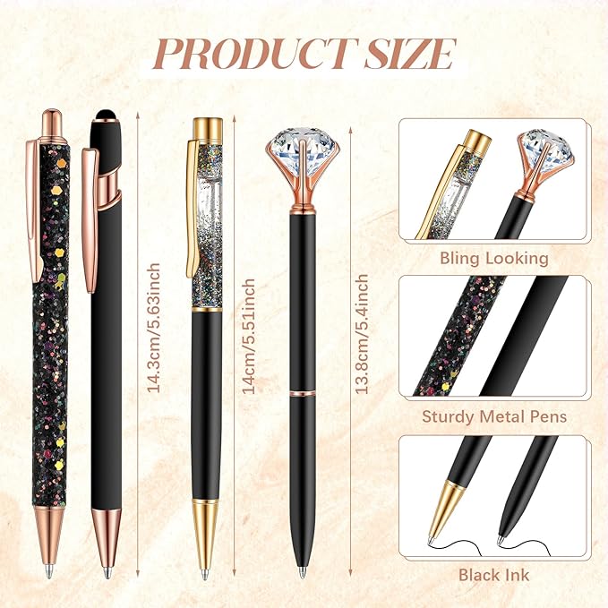 Sabary 8 Pcs Black Pens with Pen Holder for Desk Glitter Crystal Diamond Cute Ballpoint Fancy Pencil Holder Bling Desk Organizer for Women Girls Gifts School Office Wedding Supplies