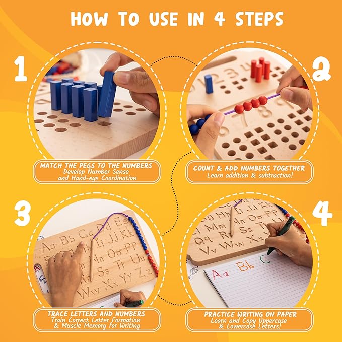 Montessori Counting Peg Board - Number & Letter Tracing Board - Wooden Montessori Alphabet & Counting Toys Toddlers 3+ Years Old - Alphabet Learning + Education Home Schooling Materials Pre-K