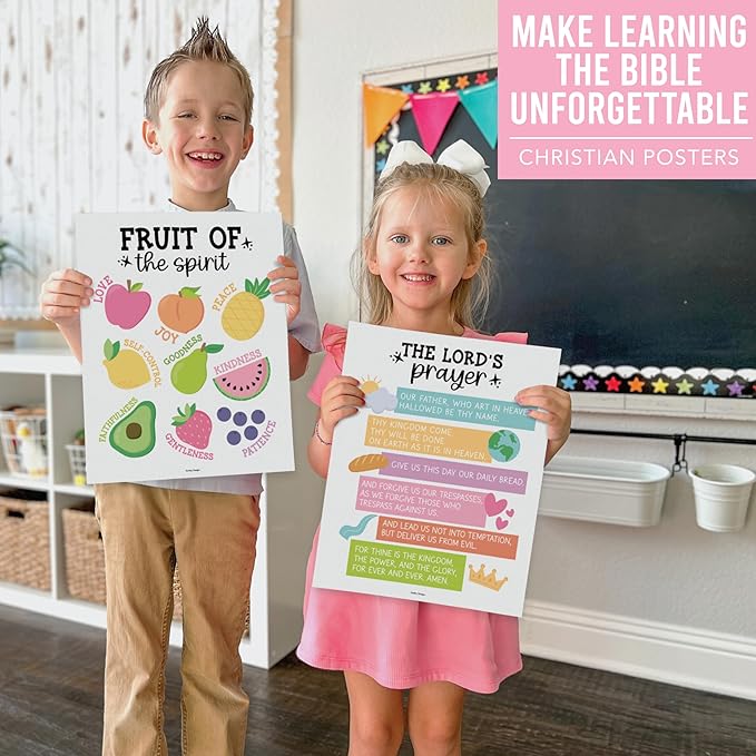 Hadley Designs Sunday School Decorations for Classroom – 9 Bible Posters for Kids, 11x14in Books of the Bible Poster, 10 Commandments, Fruits of the Spirit & More – Pastel Christian Classroom Decor