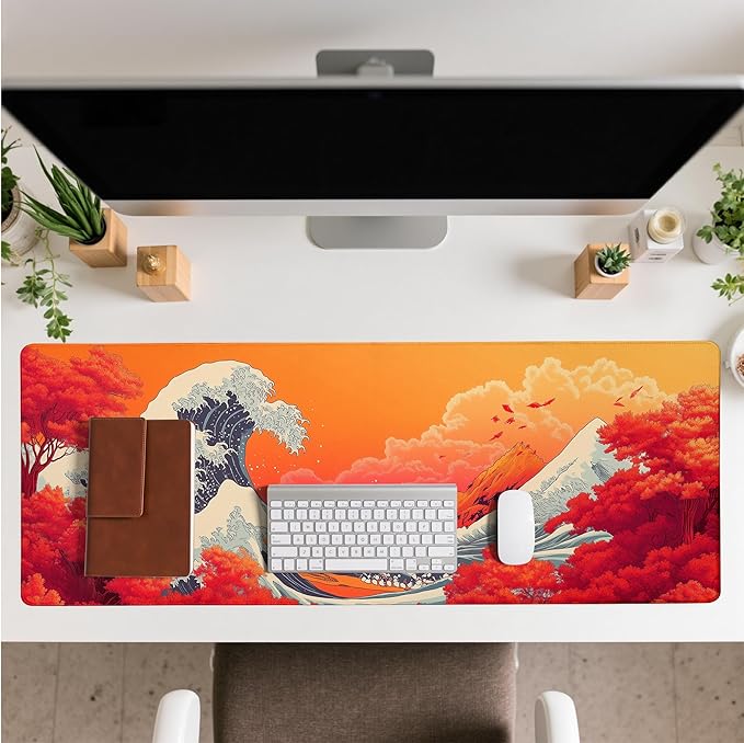 Japanese Sea Wave Mouse Pad Red Desk Mat XL Mouse Gaming Pads, Sea Keyboard Pads Extra Large Desktop Computer Mats with Non-Slip Base & Stitched Edges, Vintage Office Decor 31.5x11.8