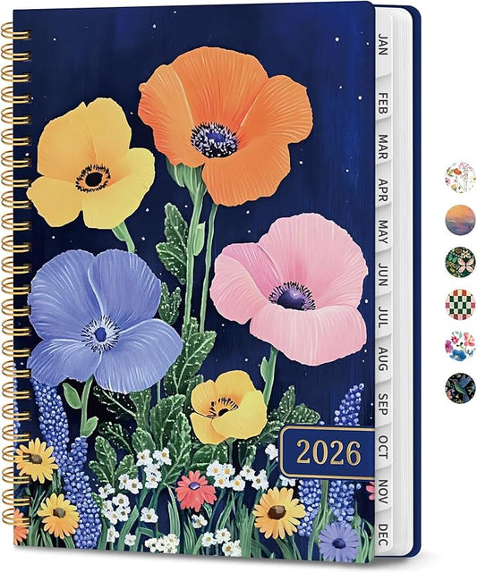 2026 Planner, Weekly and Monthly Calendar Planner for Women, Jan 2026 - Dec 2026, Hardcover Planning Agenda book with Tabs, Spiral Bound, Inner Pocket, Perfect for School Office Supplies, 6.3" x 8.5" - Lavish Bloom