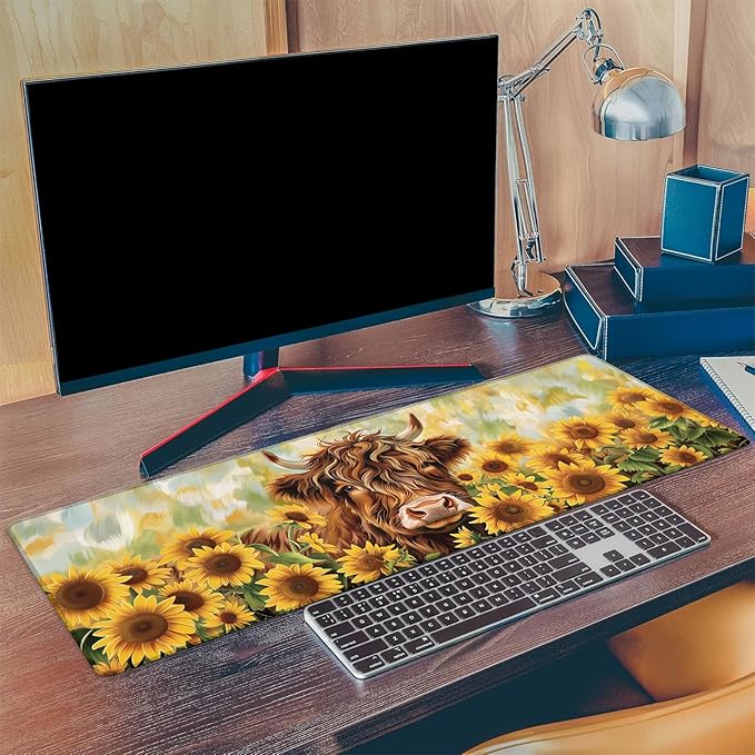 Highland Cow and Sunflower Gaming Mouse Pad, Extended Bright Floral Desk Mat Computer Laptop Mousepad, Robust Stitched Edges, 31.5"×11.8" Large Office Keyboard Mouse Pads for Desktop Decor