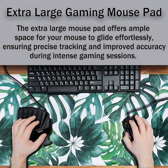 Large Mouse Pad Green Desktop Mat, Gaming Mouse Pads Computer Mats, Full Desk Mat Waterproof Non-Slip Rubber Base, 35.4 X 15.7 inch for Work/Game/Office/Home Watercolor Tropical Leaves Art