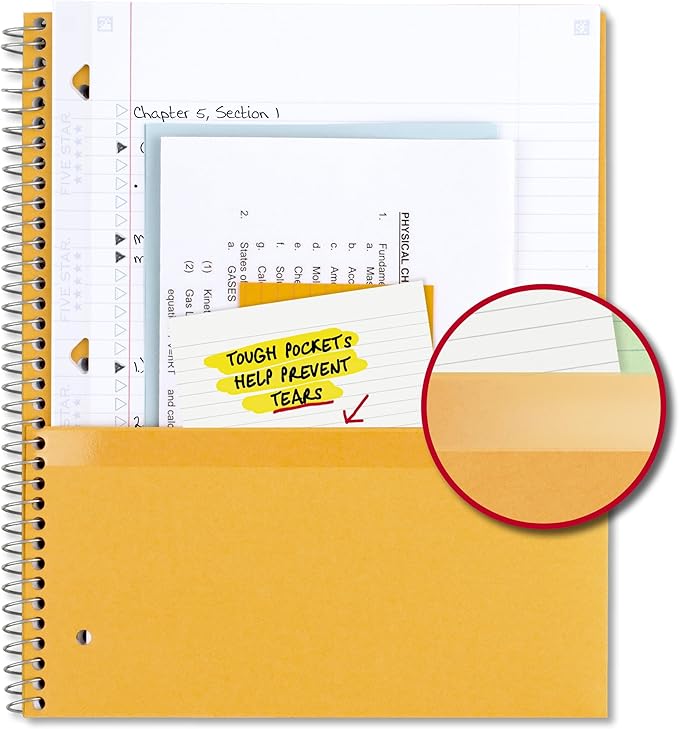 Five Star Spiral Notebook + Study App,5 Subject,College Ruled Paper,8-1/2" x 11",200 Sheets,Fights Ink Bleed,Water Resistant Cover,Fire Red (72077),(Pack of 6)