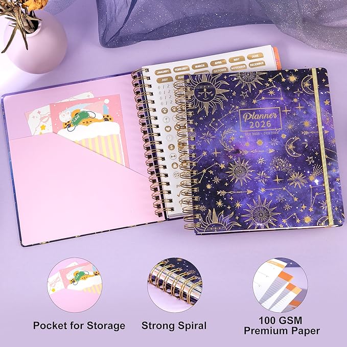 CAGIE 2026 Planner Weekly and Monthly Dec 2025-Dec 2026 Hard cover Calendar Planners with Stickers 26 Planner for Women with Tabs Spiral Bound Yearly Agenda, Purple, 8.3"x9.1"