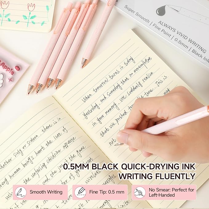 RIANCY Cute Pink Pens Black Ink 25PCS Retractable Gel Pens Writing Extra Fine Point 0.5mm Gift for Women Journaling Teachers Stationery Office School