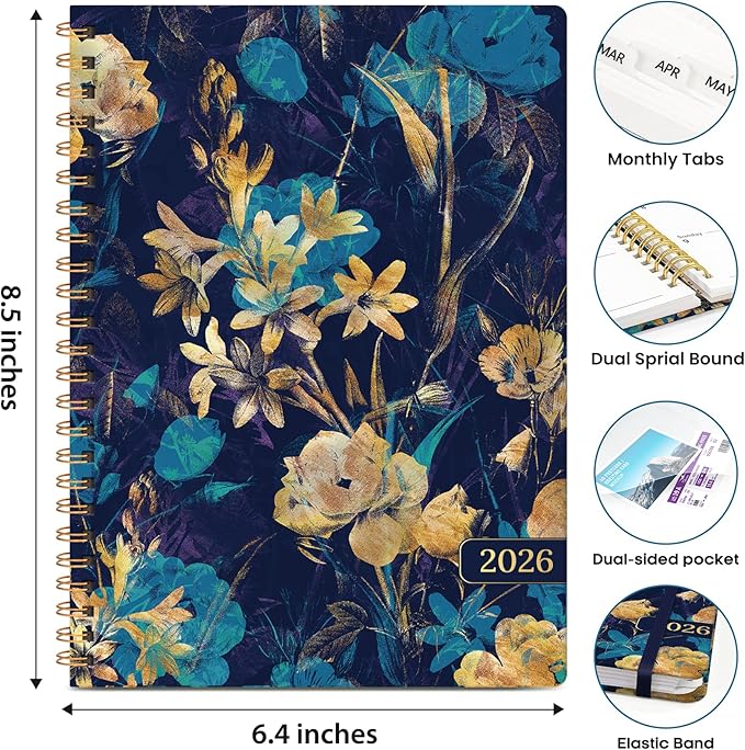2026 Planner, Weekly and Monthly Calendar Planner Book, January 2026 - December 2026, Hardcover Spiral Planner with Monthly Tabs, Notes Pages, Perfect for Women & Men, A5 (6.4" x 8.5") - Turquoise Fowers