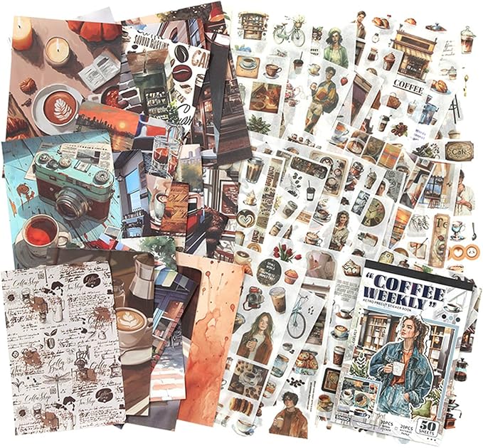 Pre-Cut Washi Sticker Book with 500+ Scrapbooking Stickers and 20 A5 Scrapbook Papers, Aesthetic Coffee and People Stickers for Journaling, Junk Journal Supplies for Adults Card Making, Art Crafts