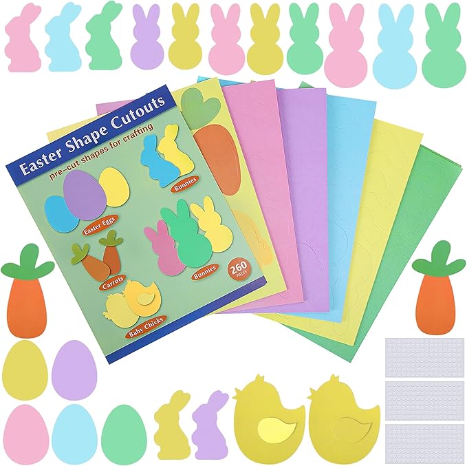 260 Pcs Easter Pre-Cut Cutouts Set, Colorful Bunny Egg Paper Cutting, Assorted Easter Shape Cut-Outs for Festival-Themed Party Bulletin Board Decoration and DIY Crafts Supplies