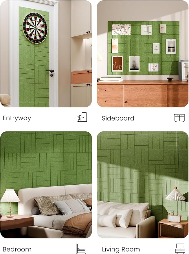 Bumusty Large Cork Board Alternative-48 x 36" Felt Bulletin Board Tiles, with 30 Pushpins, 70 Adhesive Tabs, 12-Pack Slat Wall Paneling, Cork Boards for Office Push Pin Board Felt Board-Kelly Green