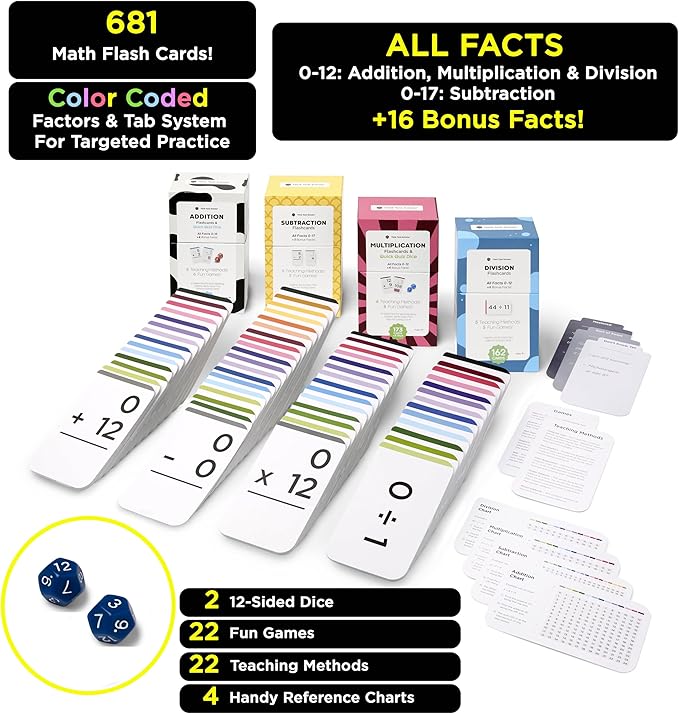 Award-Winning Math Flash Cards – 681 Addition, Subtraction, Multiplication & Division Facts (0–12) – 1 Fact & Visual Aid Per Card (Jumbo Size) 2 Dice, Games, Teaching Methods & Mastery Divider Tabs