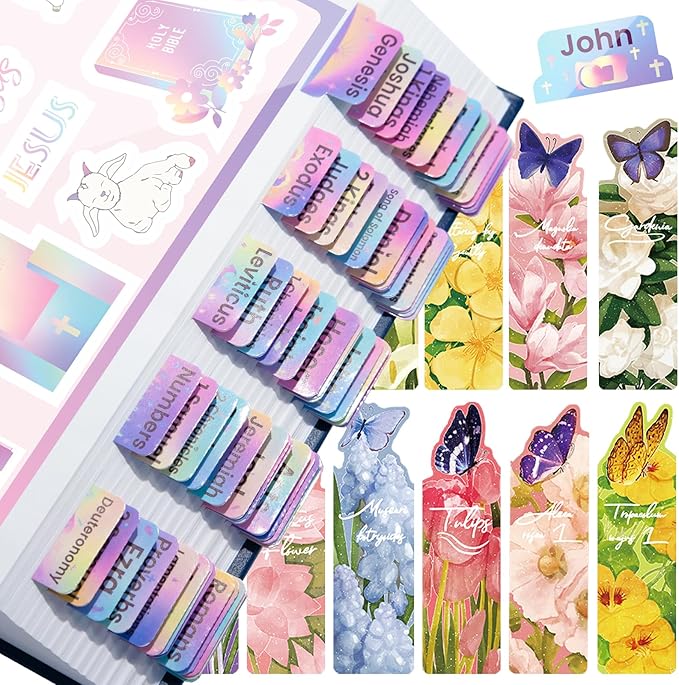 Bible Tabs with Unique Stickers, Laminated Bible Tabs for Women & Men, Christian Gifts, Large Print Bible Tabs for Easy Navigation, Bible Book Index Tabs Labels, Bible Study Supplies, Rainbow4 SQ2