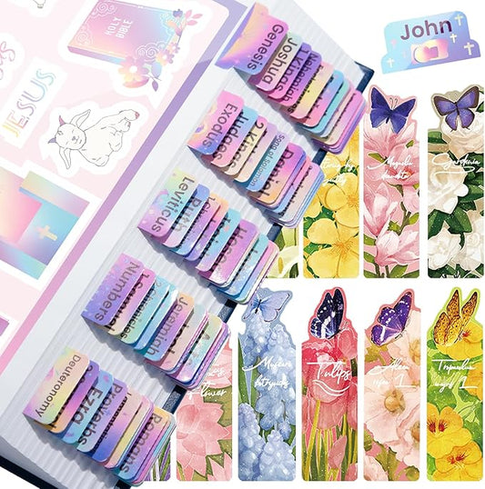 Bible Tabs with Unique Stickers, Laminated Bible Tabs for Women & Men, Christian Gifts, Large Print Bible Tabs for Easy Navigation, Bible Book Index Tabs Labels, Bible Study Supplies, Rainbow4 SQ2