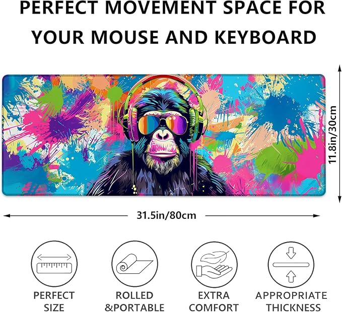 Colorful Monkey Gaming Mouse Pad, Cool Graffiti Chimp Large Desk Mat for Computer, Extended Keyboard Laptop Mouse Pads 31.5×11.8in, Non Slip Rubber Mousepad for Office Decor Gifts